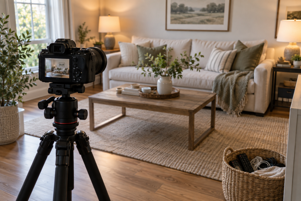 Camera on a tripod in the corner of a styled living room with lamps on and clutter removed into a basket