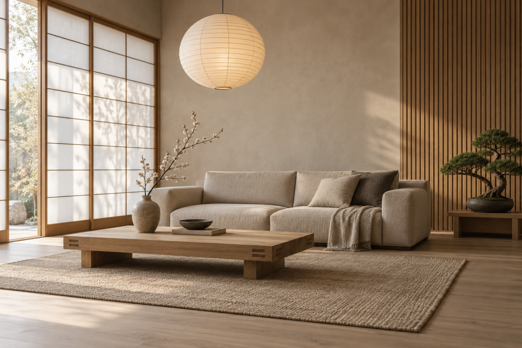 Minimal Japandi living room with a low linen sofa, ash coffee table, paper pendant lamp and stoneware vase with a branch