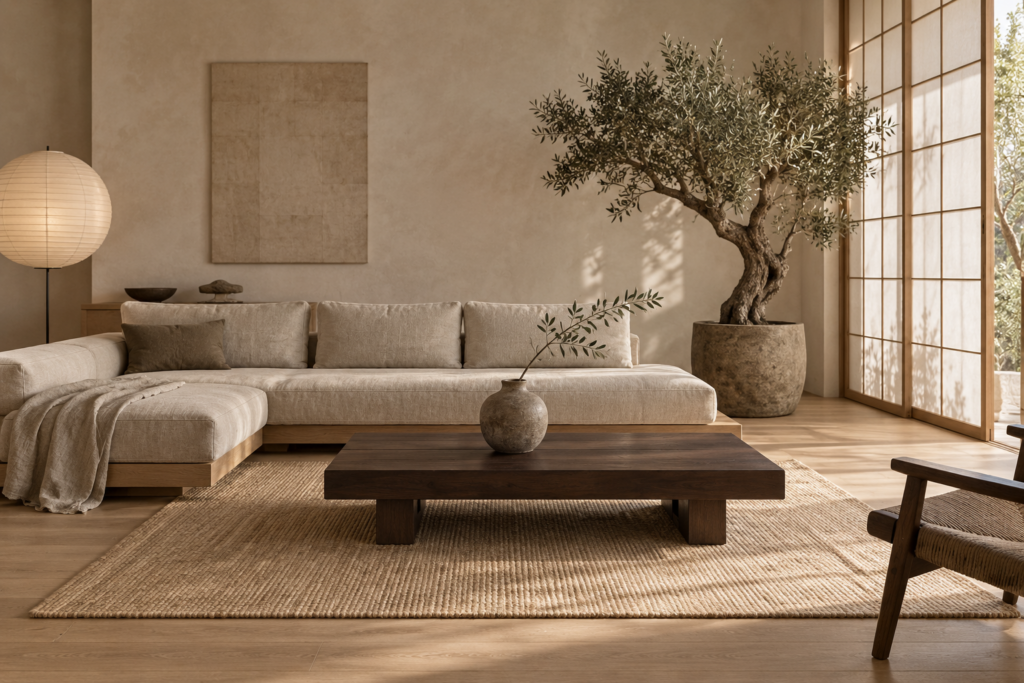 Japandi decor style living room with low oak sofa, walnut table, paper lantern and handmade ceramics