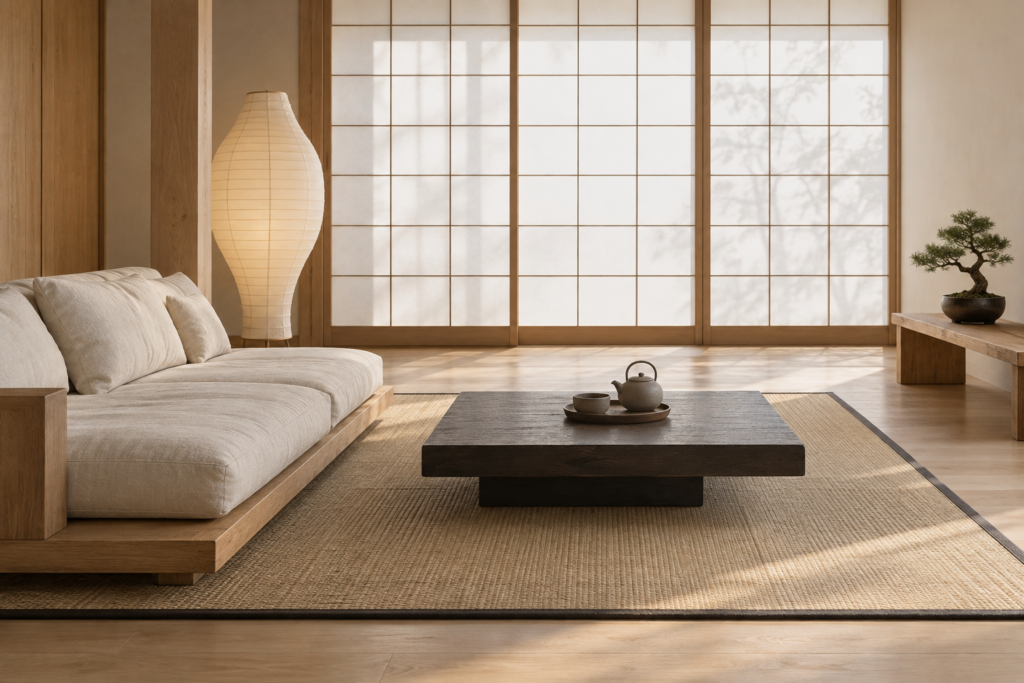 Japandi living room with a low oak sofa, dark wood coffee table, paper lantern lamp, and handmade stoneware