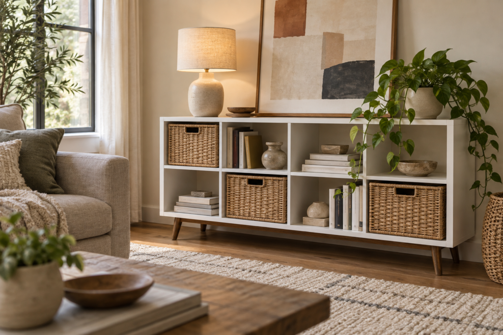 KALLAX cube shelf styled as a living room media console with baskets, books, lamp and plants