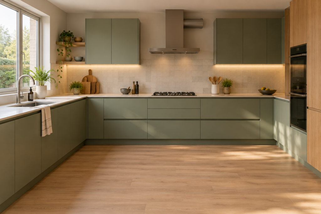 Well-planned kitchen with deep drawers, clear worktop space and under-cabinet task lighting