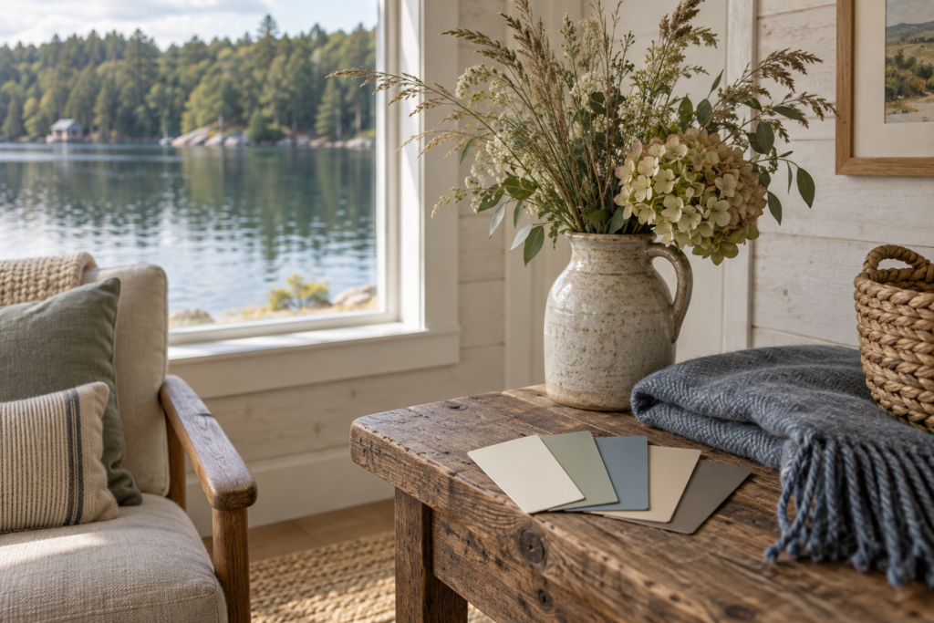 Lake house corner with whitewashed panelling, a window over green water and muted blue, sage and sand paint swatches