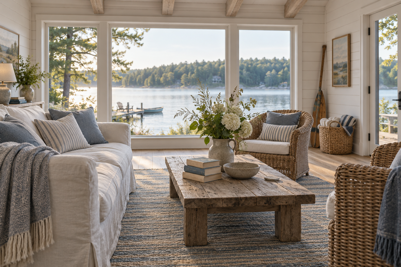 Lake house living room with whitewashed shiplap, slipcovered linen sofa and rattan chairs facing large windows over water