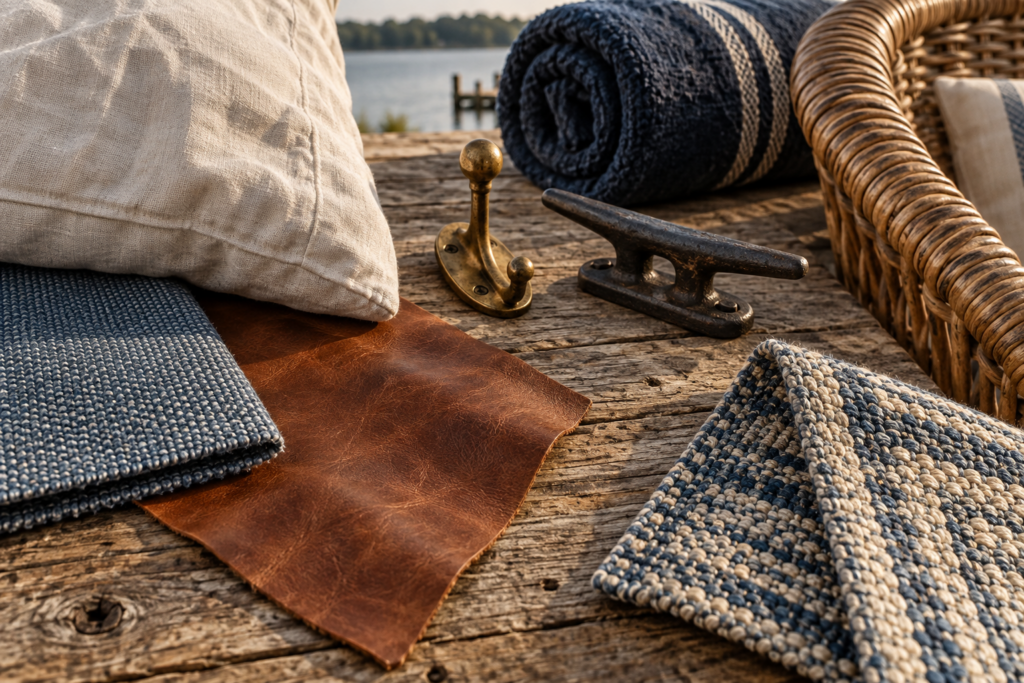 Lake house materials including a cotton slipcover, performance fabric, leather, rattan and an indoor-outdoor rug corner