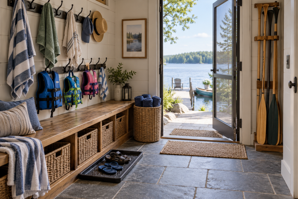 Lake house mudroom with a built-in bench, baskets, hooks holding towels and life jackets and a paddle rack by the door