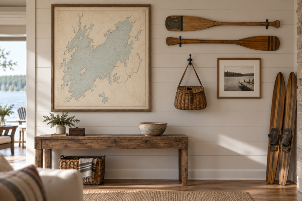 Lake house wall with a framed antique lake chart, vintage canoe paddles and an old wicker fishing creel