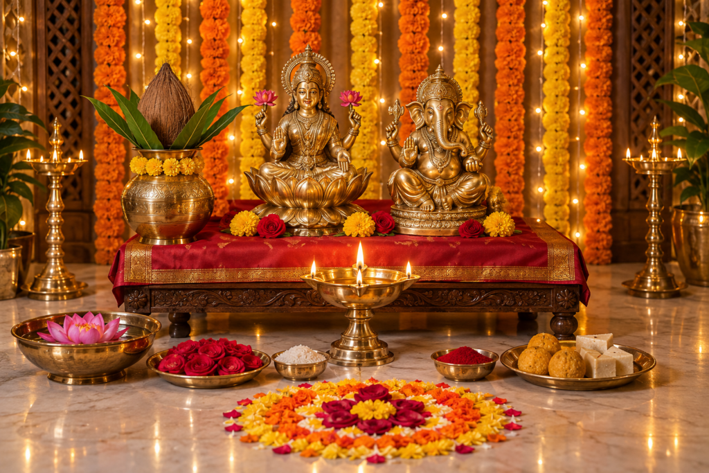 Lakshmi Puja space with Lakshmi and Ganesha idols on a red silk chowki, brass diya, kalash, lotus, and marigold backdrop