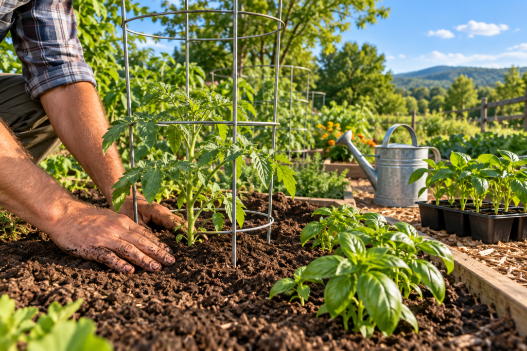 Planting a tomato transplant with a cage and basil seedlings in a late-spring vegetable bed