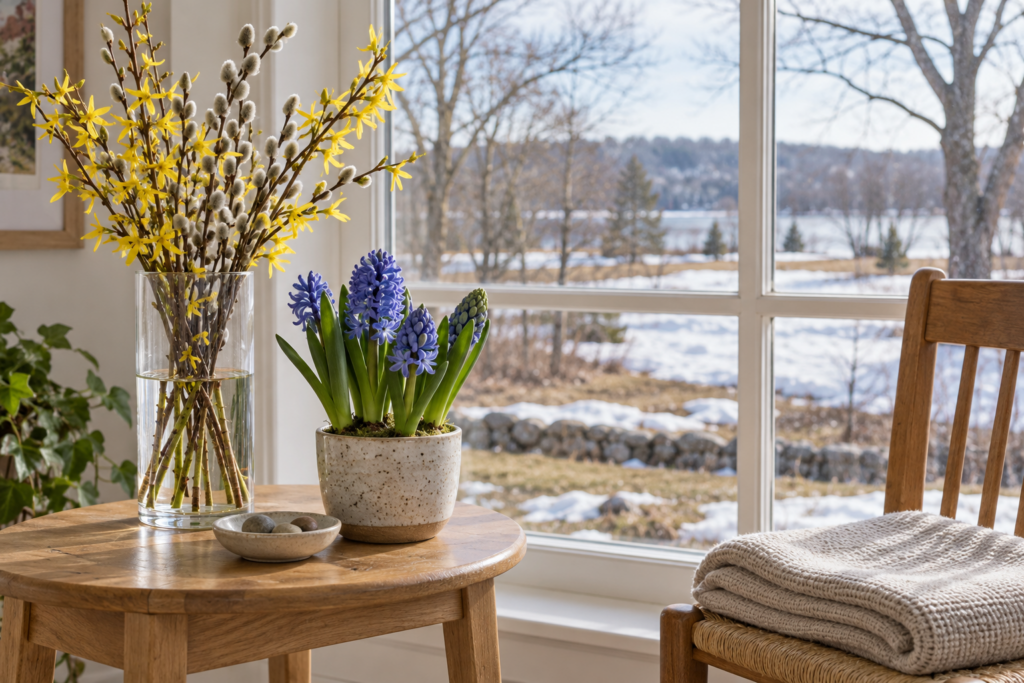 Late winter decor with forced forsythia and pussy willow branches, blooming hyacinths, and a light knit throw by a window