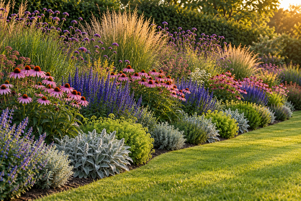 Layered curved herbaceous border with tall grasses at the back, echinacea and salvia in the middle, and low plants at the front