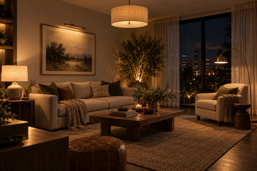 Living room at night with layered warm lighting from a pendant, table lamp, arched floor lamp, picture light and plant uplight