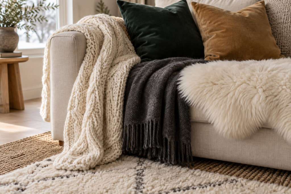 Layered winter textiles on a sofa including a chunky knit throw, wool blanket, velvet pillows, and sheepskin over layered rugs