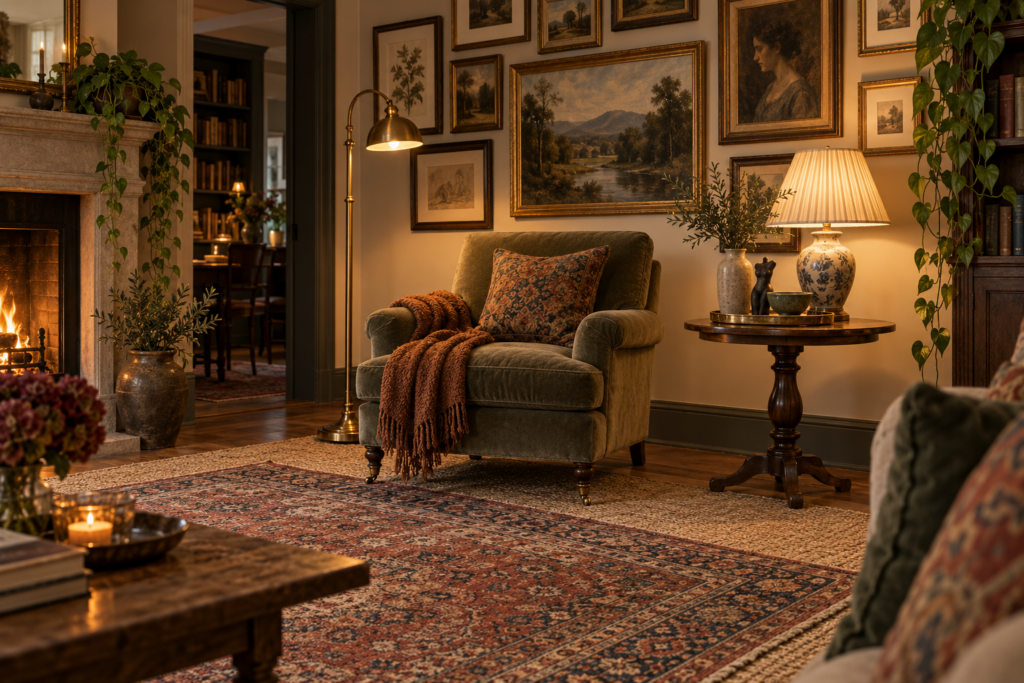 Living room corner showing layered rugs, mixed lighting, a gallery wall and grouped objects on a side table