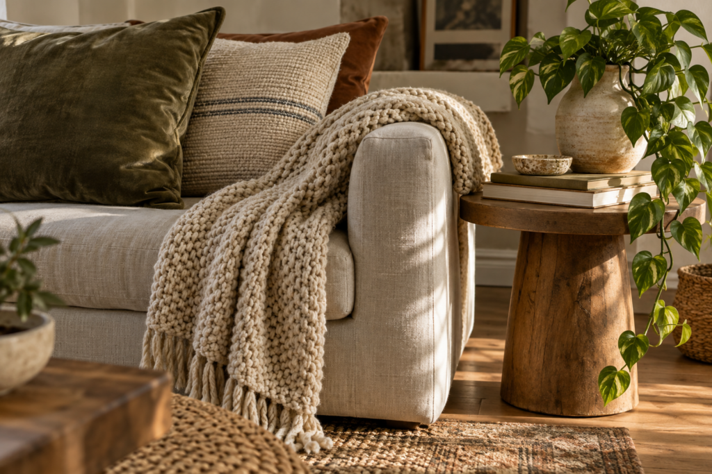 Close-up of layered textures including knit throw, velvet cushions, jute rug and a trailing houseplant