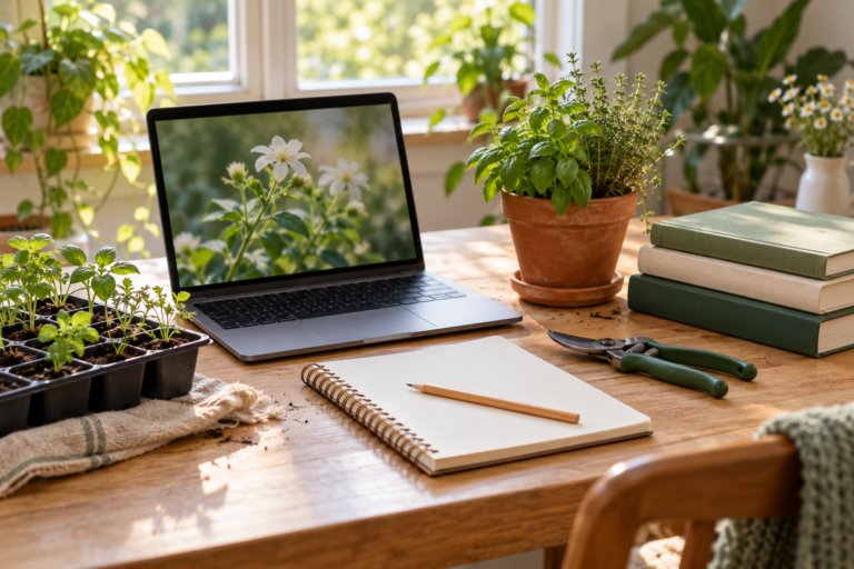 Laptop and notebook on a table surrounded by seedlings, gardening books, and potted herbs for learning gardening online