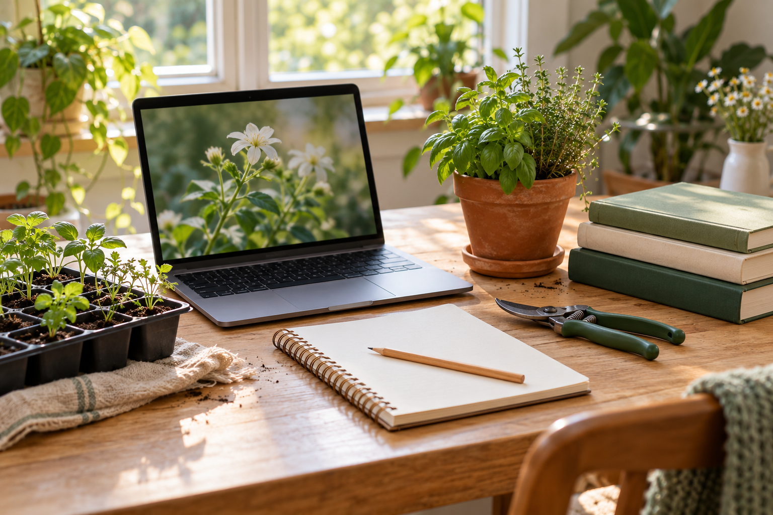 Laptop and notebook on a table surrounded by seedlings, gardening books, and potted herbs for learning gardening online