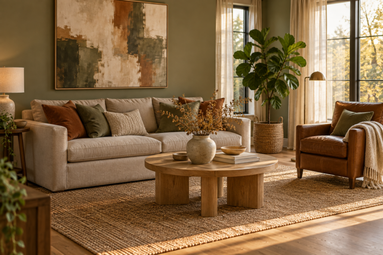 Cozy living room with a linen sofa, jute rug, oak coffee table, sage green wall and brass floor lamp in warm natural light
