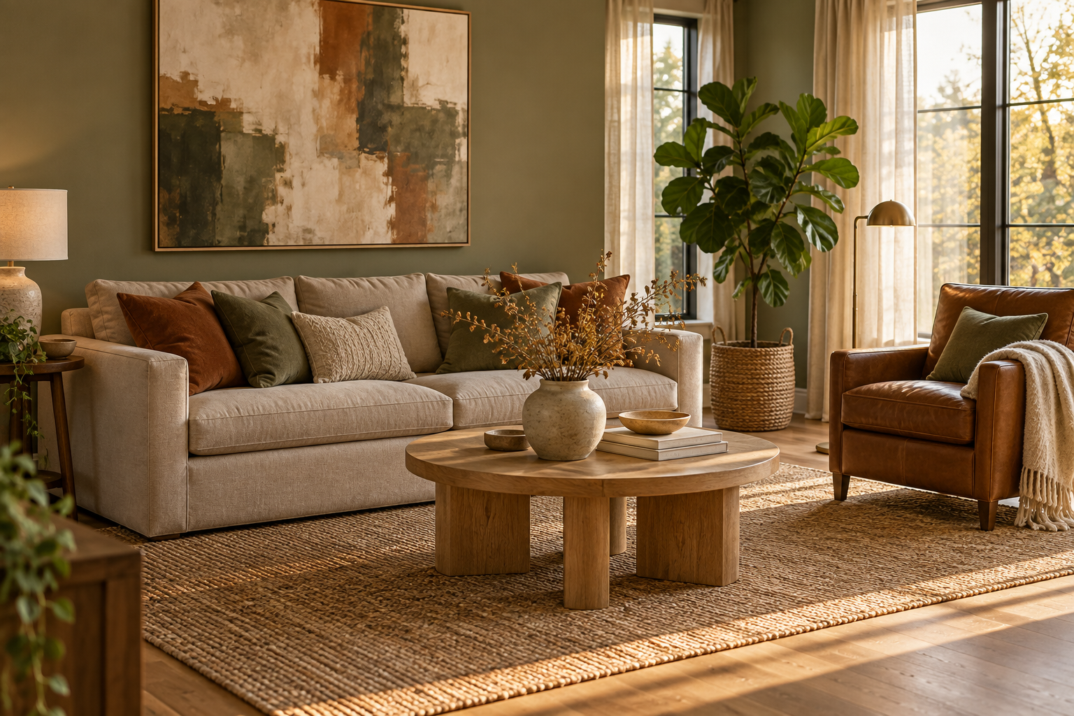 Cozy living room with a linen sofa, jute rug, oak coffee table, sage green wall and brass floor lamp in warm natural light