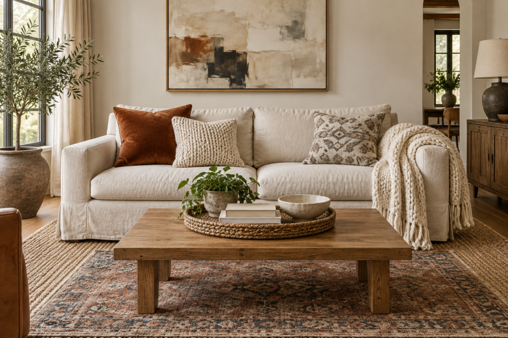 Styled sofa with layered textured cushions, wool throw, layered jute and vintage rugs and a tray-styled coffee table