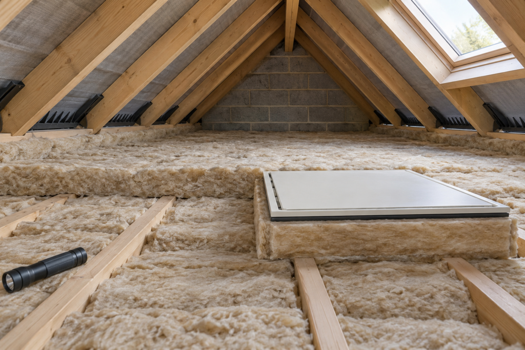 Thick loft insulation laid between and across joists with a sealed hatch and clear eaves