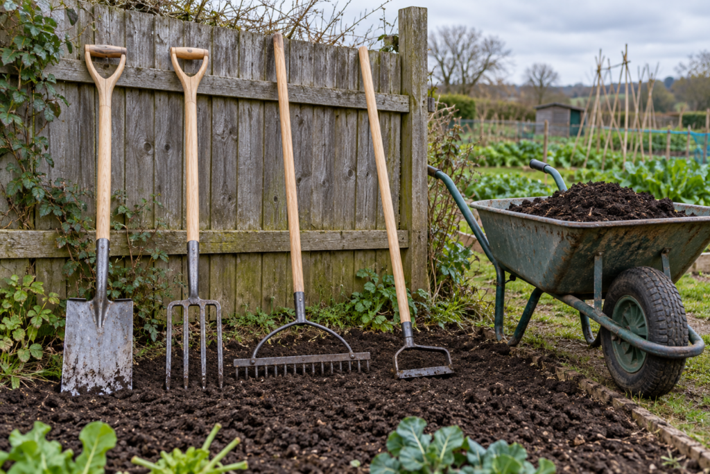 Spade, garden fork, rake, and hoe leaning against a fence beside a wheelbarrow of compost