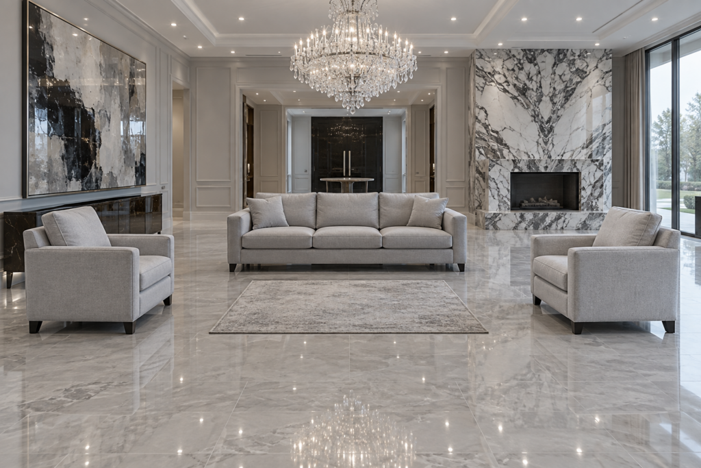 Expensive but lifeless living room with a matched suite, undersized rug, competing statement pieces and flat downlighting