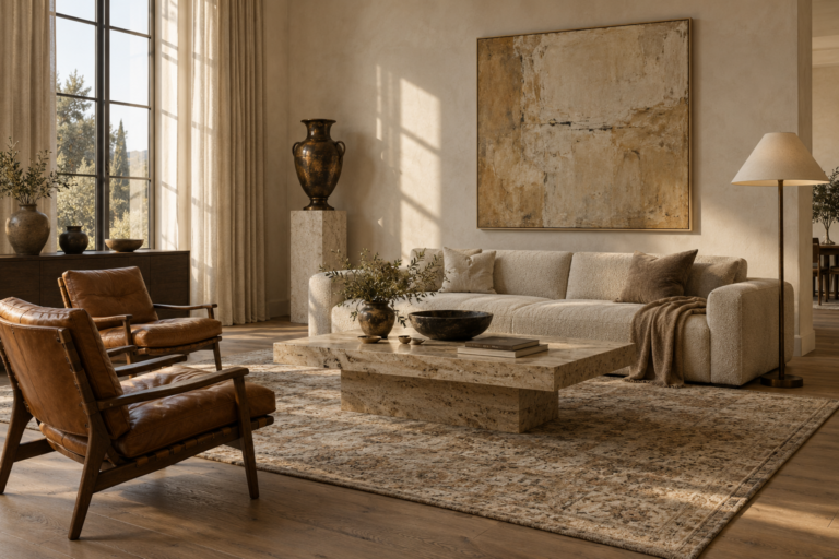 Luxury living room with a bouclé sofa, travertine table, bronze floor lamp and hand-knotted rug in warm neutral tones