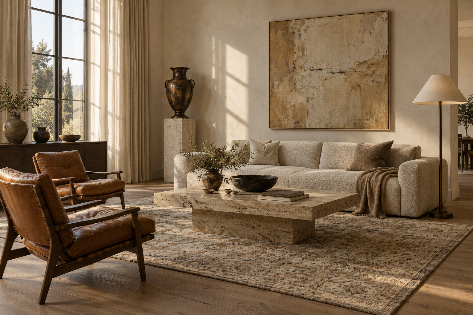 Luxury living room with a bouclé sofa, travertine table, bronze floor lamp and hand-knotted rug in warm neutral tones