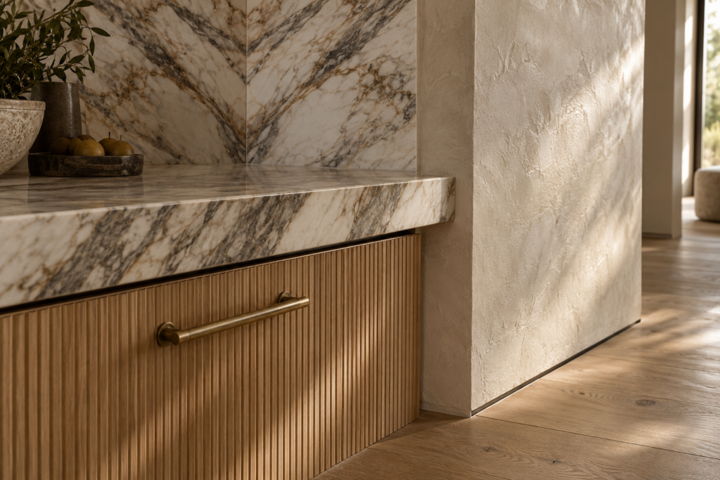 Close-up of book-matched marble, Venetian plaster, fluted timber and unlacquered brass hardware detail