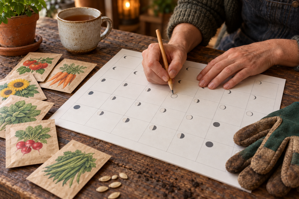 Gardener marking sowing dates on a moon phase planting calendar beside seed packets