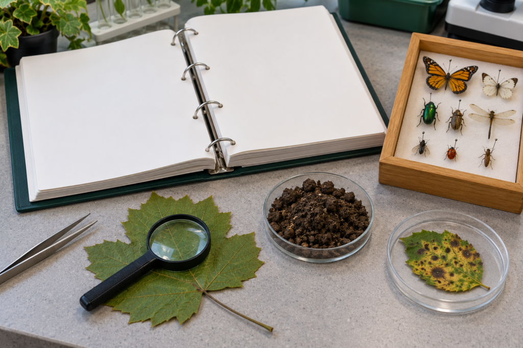 Training manual, hand lens, soil sample, diseased leaf in a petri dish and pinned insect specimens on a lab bench