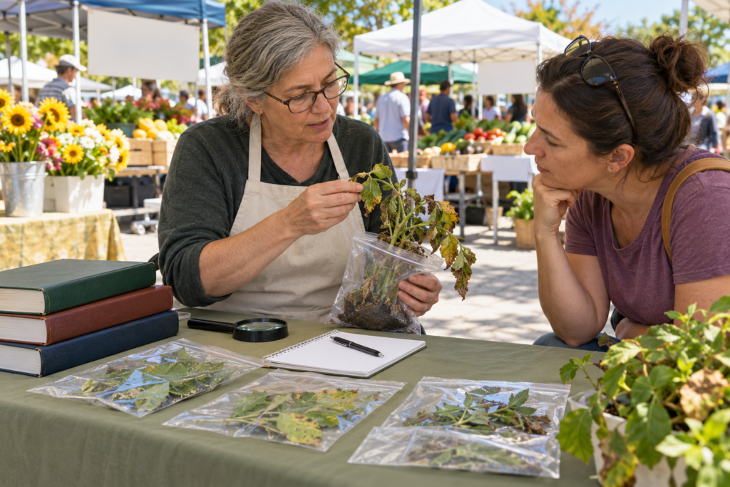 Volunteer examining a plant sample with a hand lens at an outdoor diagnostic clinic table while a visitor watches