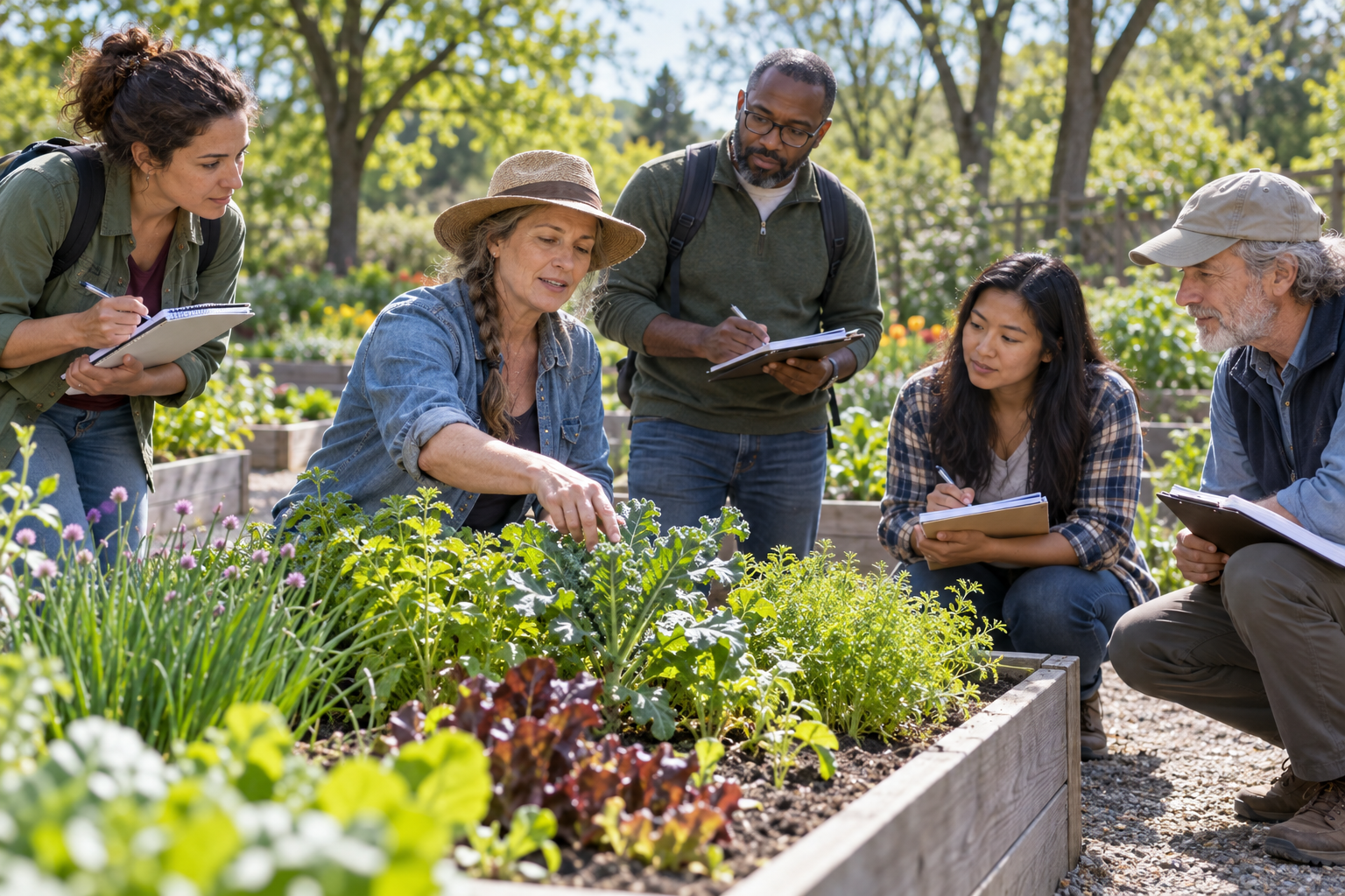 Group of adult learners taking notes around a raised demonstration bed in an outdoor teaching garden