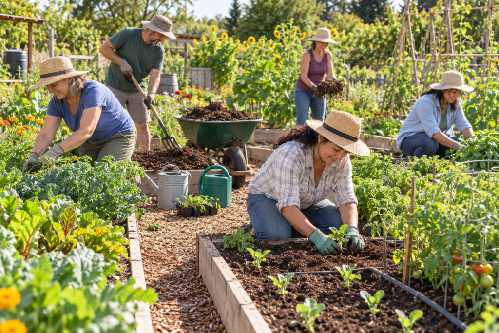 Volunteers weeding, mulching and planting raised beds together in a community demonstration garden