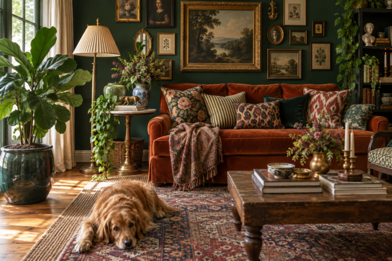 Maximalist living room with emerald green walls, orange velvet sofa, layered rugs and a dense gallery wall