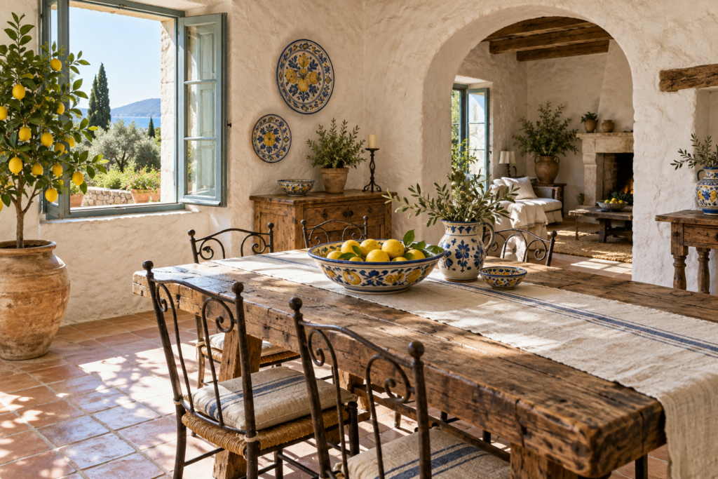 Mediterranean decor style dining room with limewashed walls, arched doorway, terracotta tiles and lemon tree