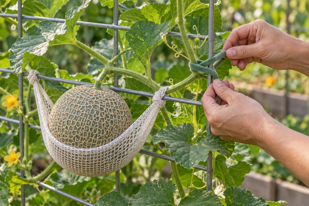 Melon supported in a mesh sling on a livestock panel trellis while a gardener ties in a vine