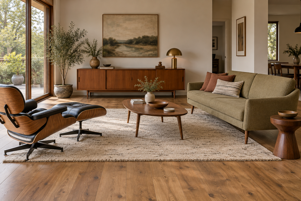 Mid-century living room showing a low sofa on tapered legs floated off the wall with a rug under the front legs