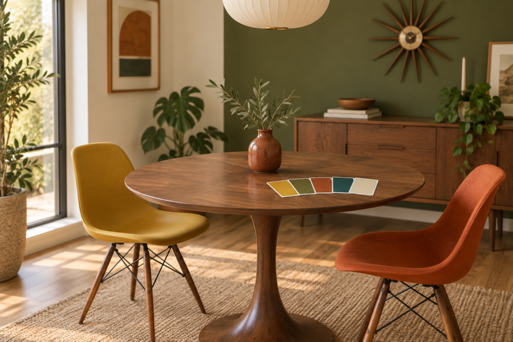 Mid-century dining corner with an olive feature wall, walnut pedestal table and mustard and orange shell chairs