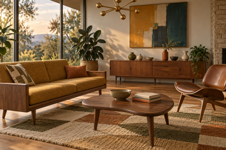 Mid-century modern living room with a walnut sofa, teak sideboard, sputnik light fixture and a geometric wool rug