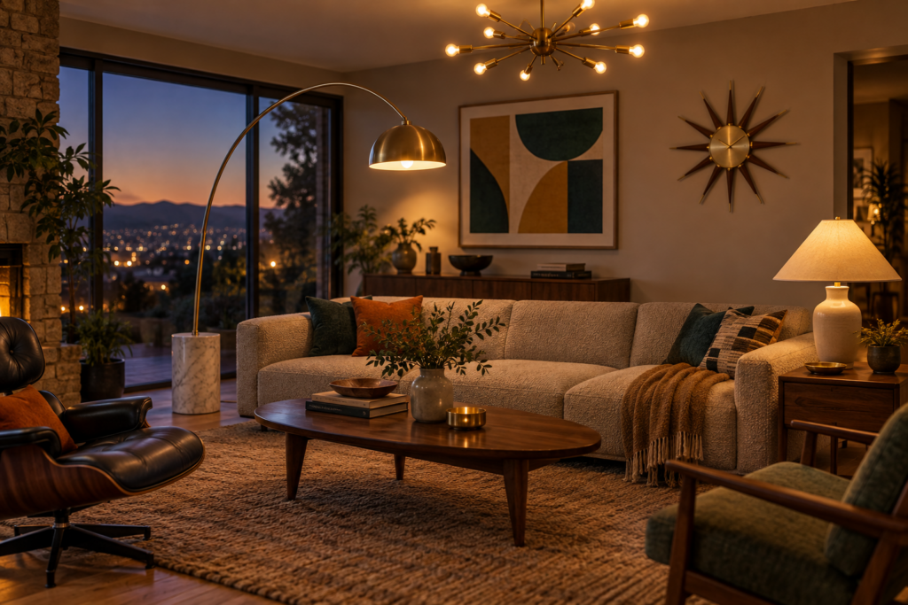 Mid-century living room at dusk with a brass sputnik ceiling fixture, arc floor lamp and starburst wall clock