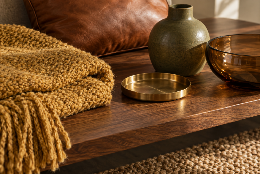 Mid-century materials grouped together including walnut, wool, cognac leather, brass, matte ceramic and amber glass