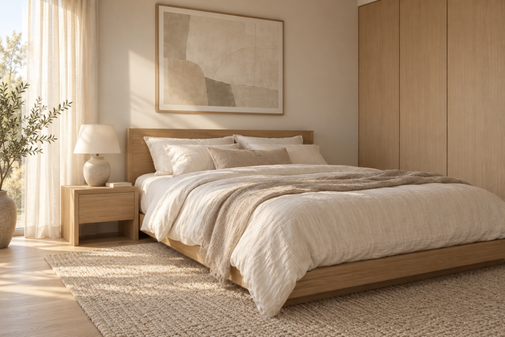 Minimalist bedroom with oak bed, linen bedding, simple nightstand and closed wardrobe storage