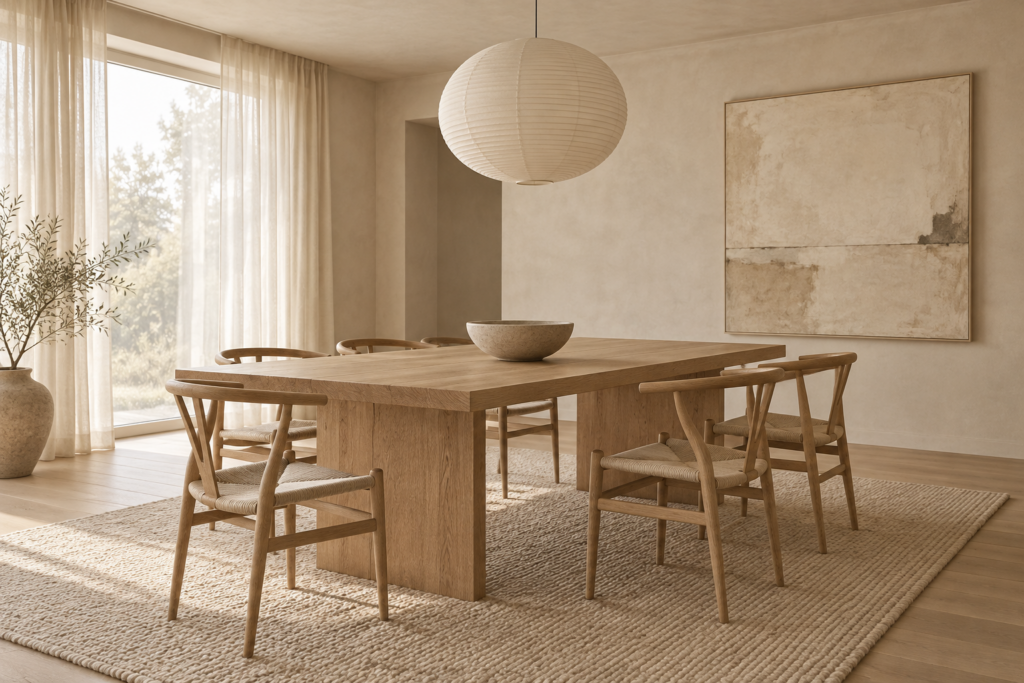 Minimalist dining area with oak table, stoneware bowl, paper pendant and textured neutral materials