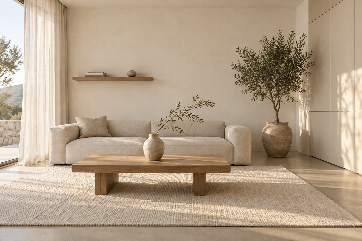 Warm minimalist living room with linen sofa, oak coffee table, wool rug, olive tree and clutter-free surfaces