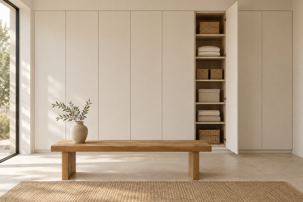 Handleless built-in cabinets with organised baskets and boxes for clutter-free minimalist storage