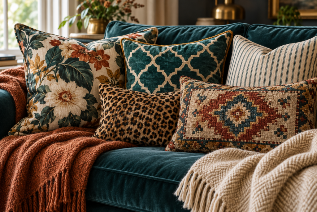 Layered cushions mixing floral, geometric, stripe and leopard patterns in teal, rust and gold on a velvet sofa