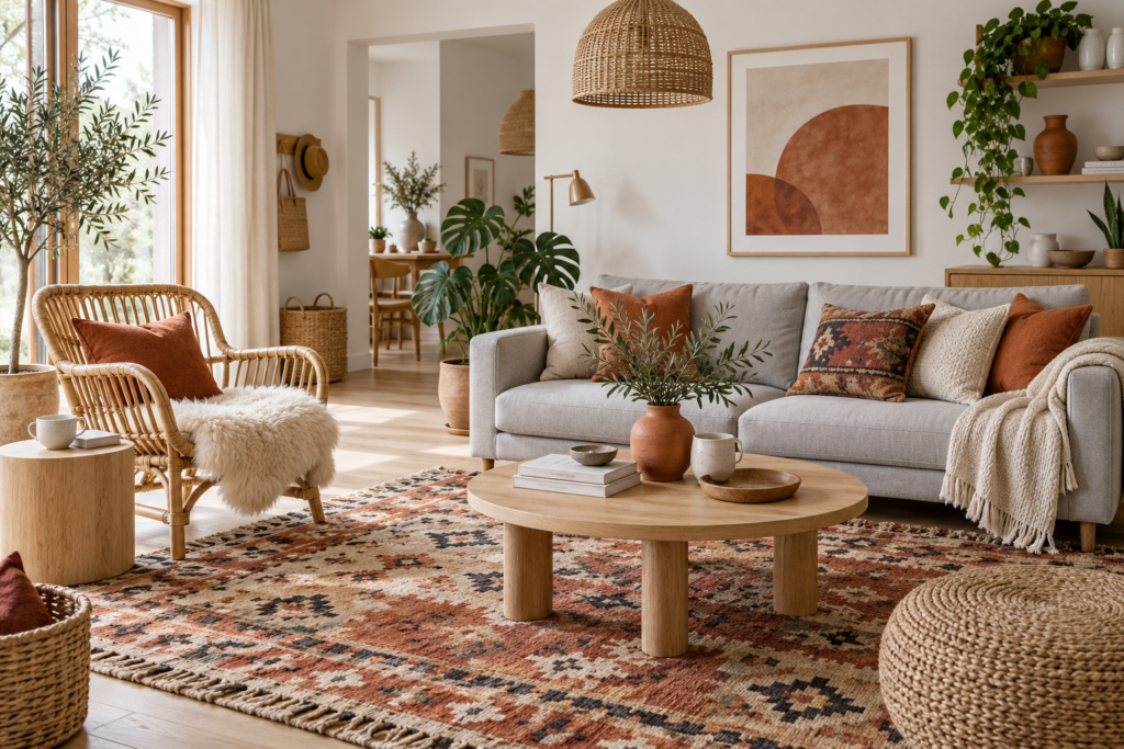 Living room blending Scandinavian and bohemian decor styles with oak furniture, rattan chair, rug and plants
