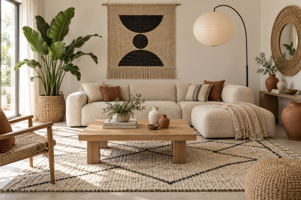 Modern boho living room with neutral palette, clean-lined sofa, woven wall hanging, rattan mirror and tall plant